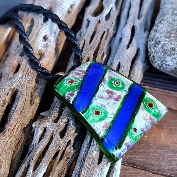 Cobalt Blue Dichroic Glass Trapezoid Necklace - Picture 4 of 8